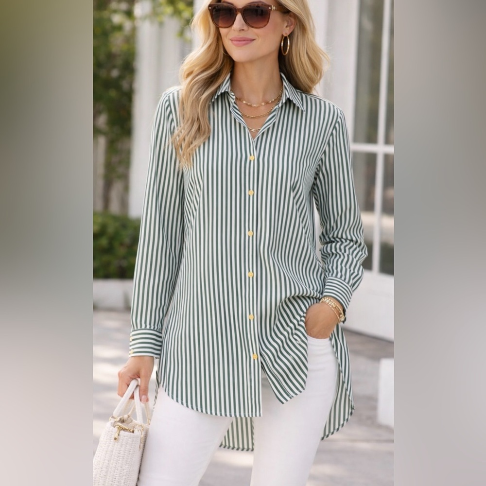 New Jude Connally Button Up‎ Tunic Top Blouse 2XL Green White Stripe Gold Button